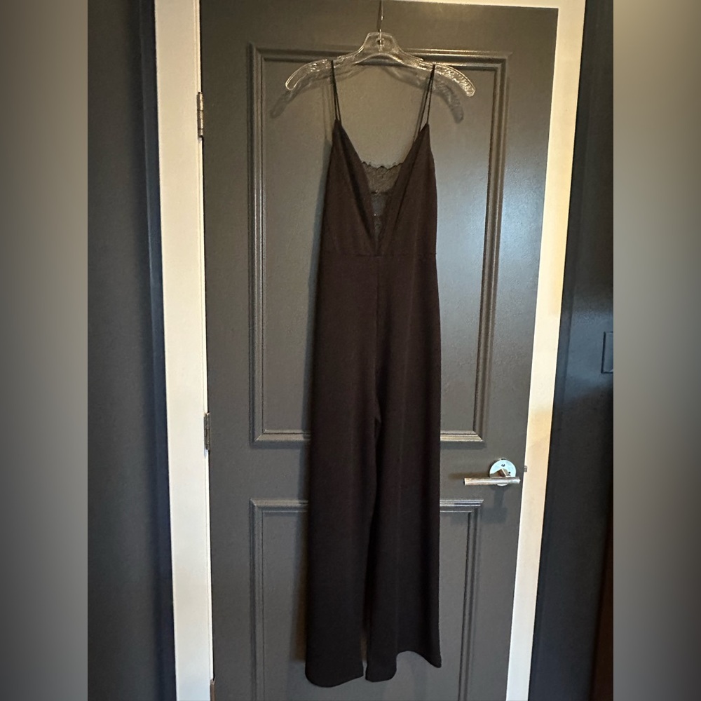 Zara Wide-Leg Black Plunge Lace Detail Jumpsuit